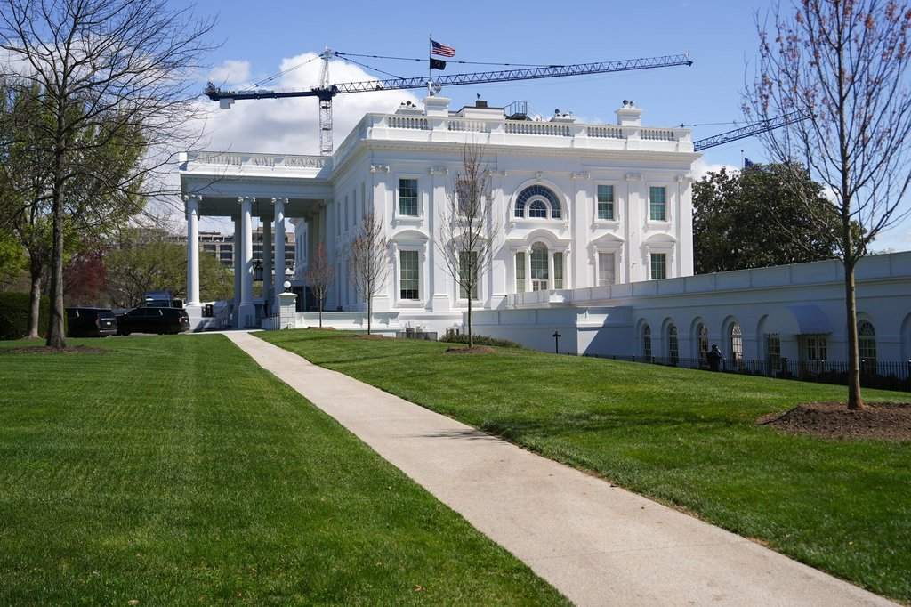 Construction cranes being used for the White House ballroom are seen around the White House, Monday, March 23, 2026, in Washington D.C.