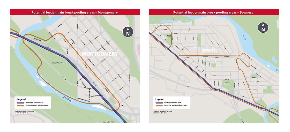 These maps, produced by the city of Calgary, show the parts of Bowness and Montgomery where pooling of water could take place if there is another break in the Bearspaw South Feeder Main.