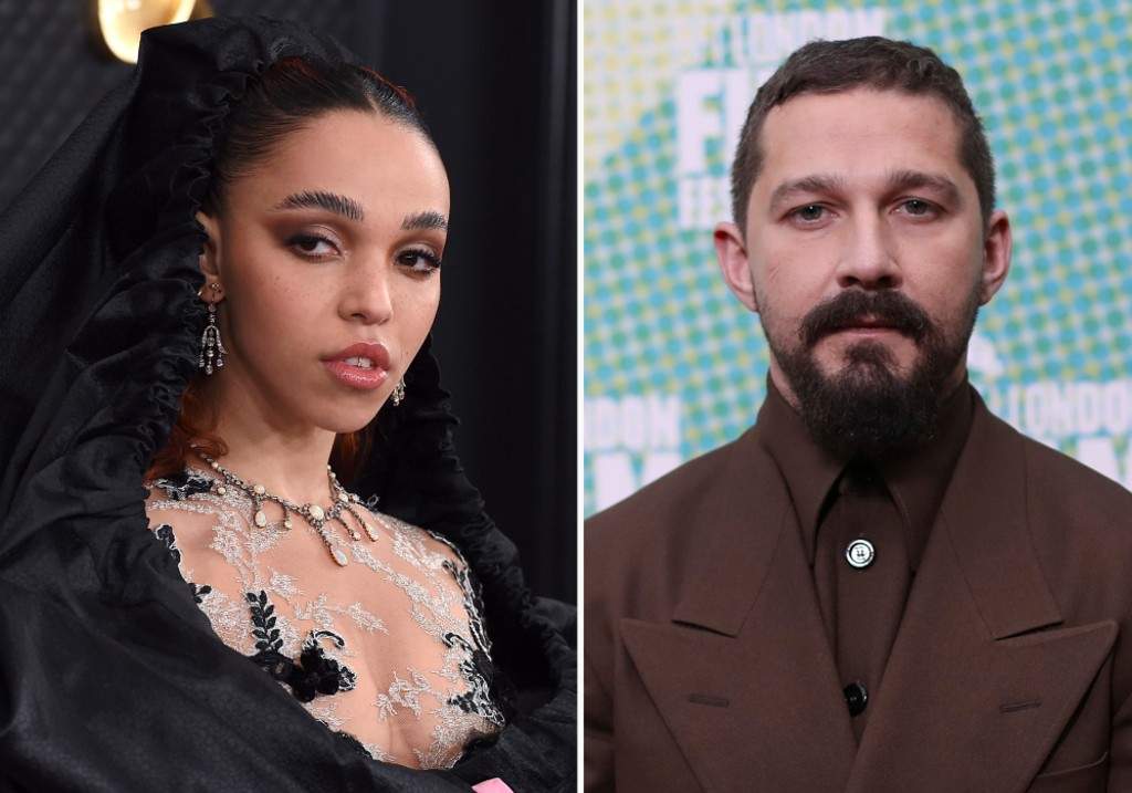 This combination photo shows FKA twigs, left, at the 62nd annual Grammy Awards on Jan. 26, 2020, in Los Angeles, and Shia LaBeouf at the premiere of 'The Peanut Butter Falcon' during the London Film Festival, on Oct. 3, 2019.