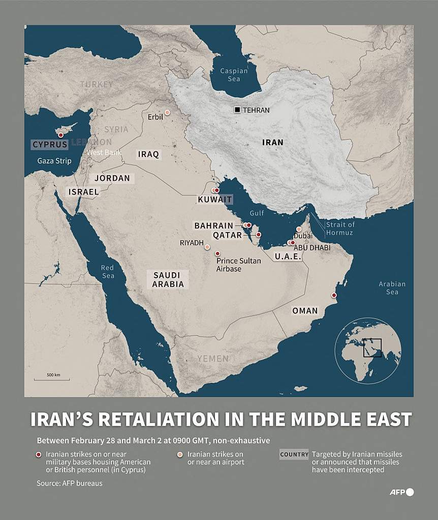 A map depicting Iran's retaliation against U.S. and Israeli strikes.