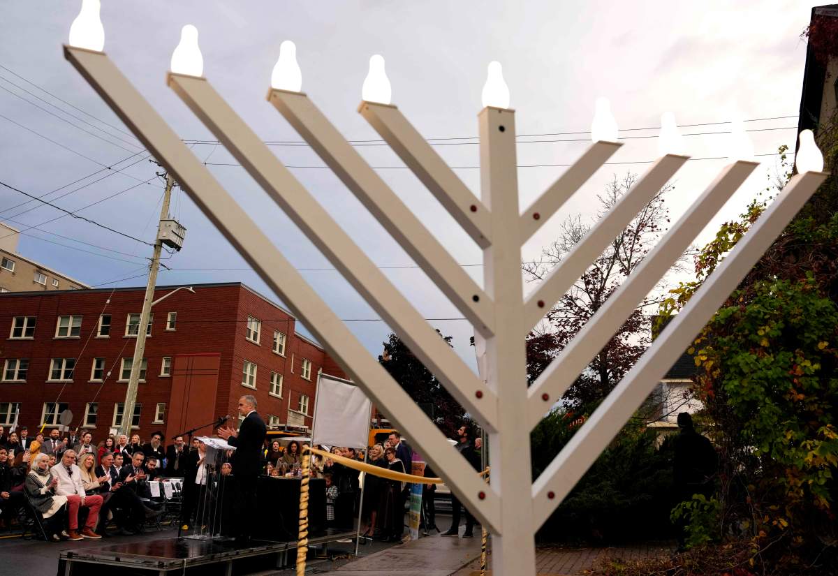 A menorah is lit up.