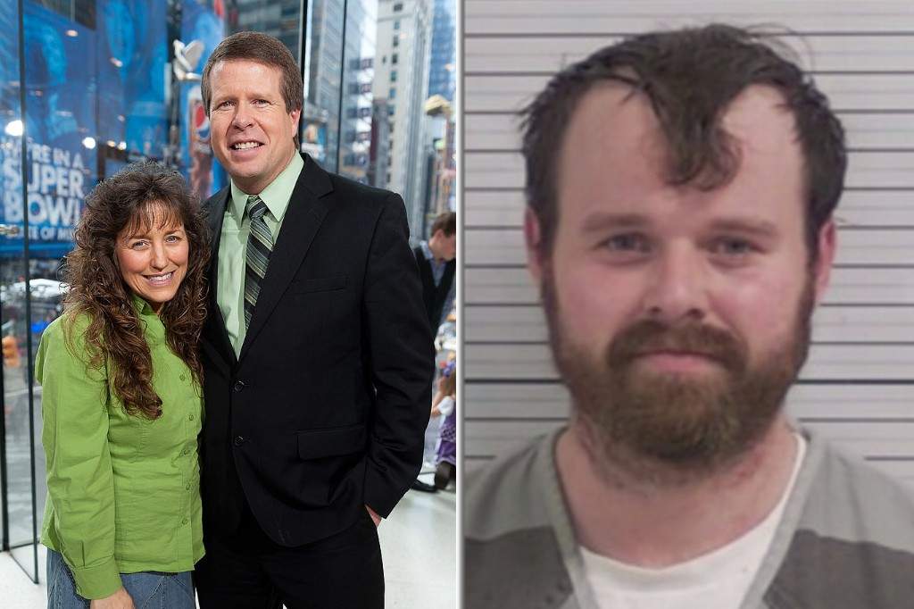 (L-R:) Jim Bob Duggar and Michelle Duggar visit 'Extra' at their New York studios at H&M in Times Square on March 11, 2014 in New York City and Joseph Duggar's latest mugshot from Bay County Jail.