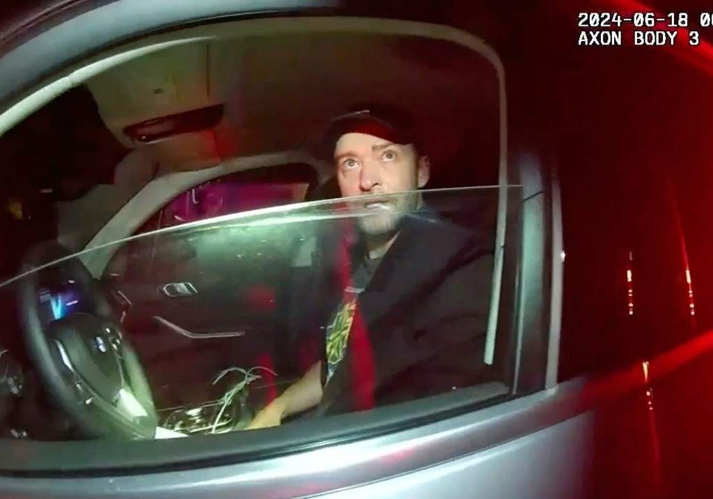 This police body cam still image provided by the Sag Harbor Police Department shows Justin Timberlake during his arrest by police in Sag Harbor, N.Y. on June 18, 2024.