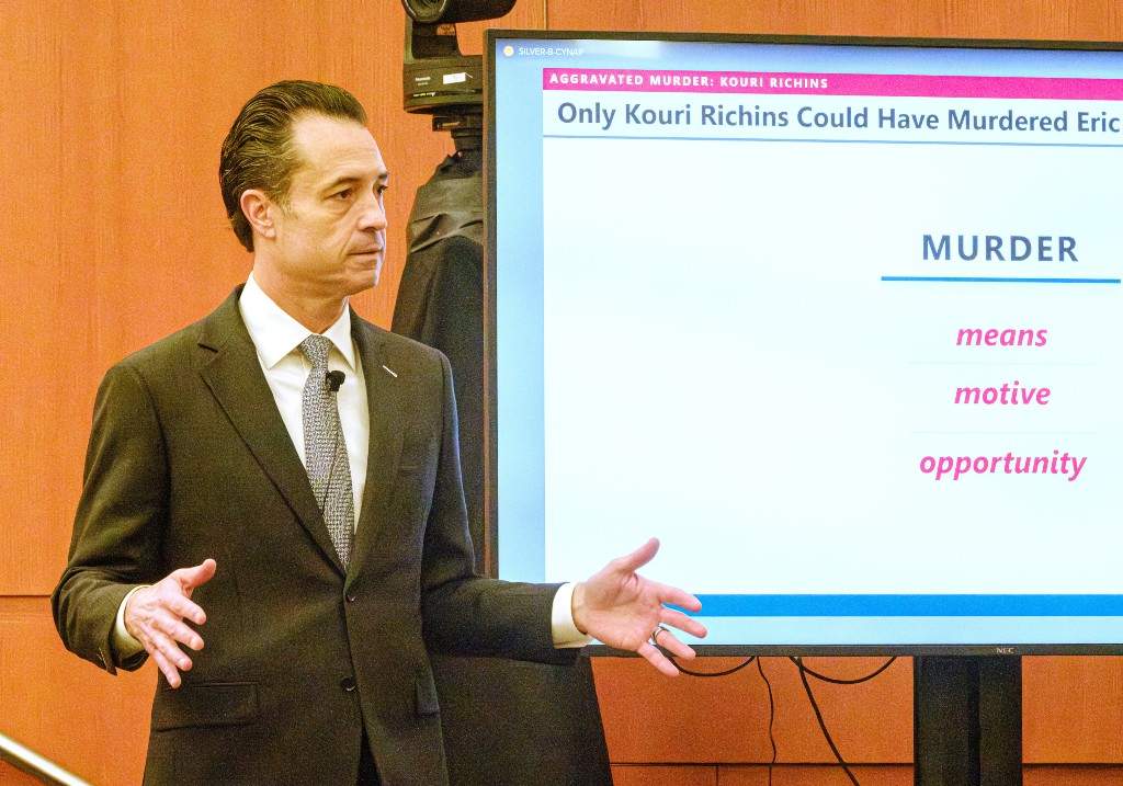 Summit County Prosecutor Brad Bloodworth presenting the state's final arguments in the trial of Kouri Richins, accused of poisoning her husband in March 2022, Monday, March 16, 2026, in Third District Court in Park City, Utah.