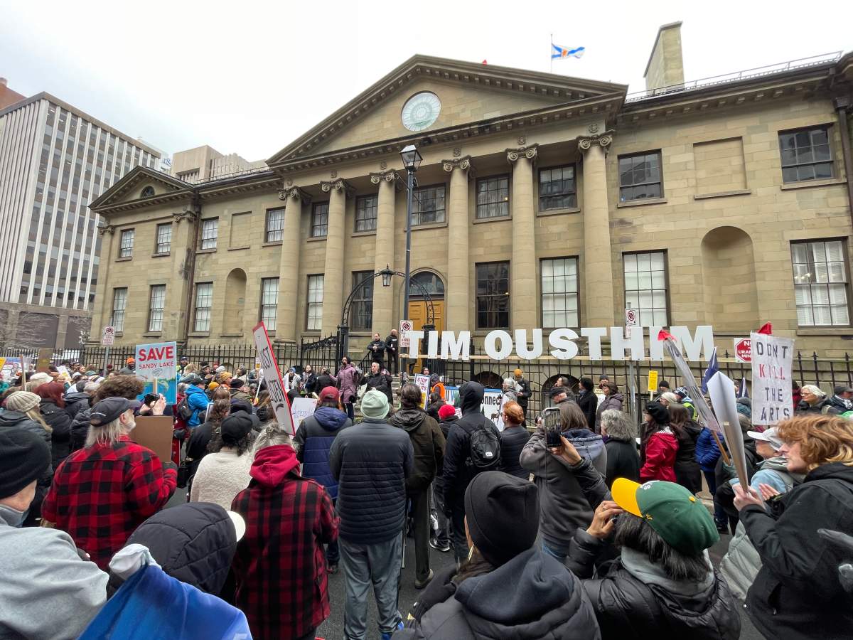 Protesters outside Nova Scotia's legislature, Province House, on March 27, 2026.