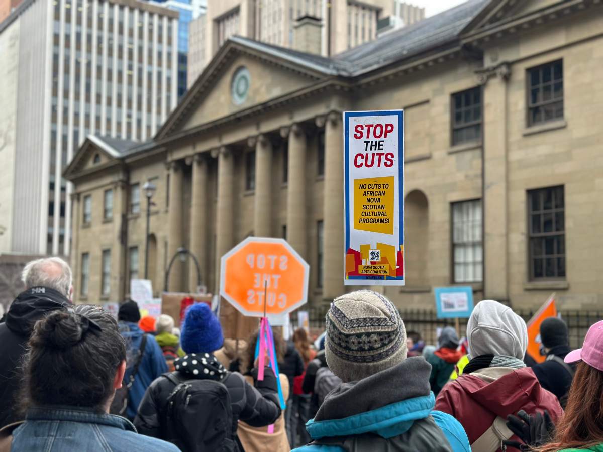 Protesters outside Nova Scotia's legislature, Province House, on March 27, 2026.
