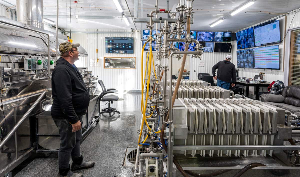 Maple syrup is filtered at Erabliere Cote et Fils in Roxton Pond, Que., on Monday, March 9, 2026.