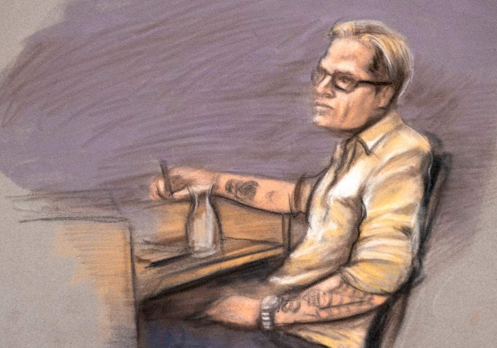 A court sketch of Marius Borg Hoiby during the second day of the trial against him, which is taking place in room 250 of the Oslo District Court, Norway, Wednesday, Feb. 4, 2026.