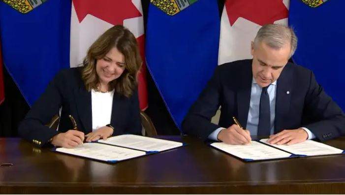 In Nov. 2025, Prime Minister Mark Carney and Alberta Premier Danielle Smith, signed a memorandum of understanding on construction of a new oil pipeline to Canada's west coast. Carney also agreed to make changes to several of the key policies introduced by the Trudeau government to help fight climate change.