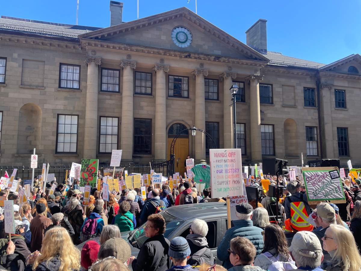 Protesters outside Nova Scotia's Province House on March 10, 2026.