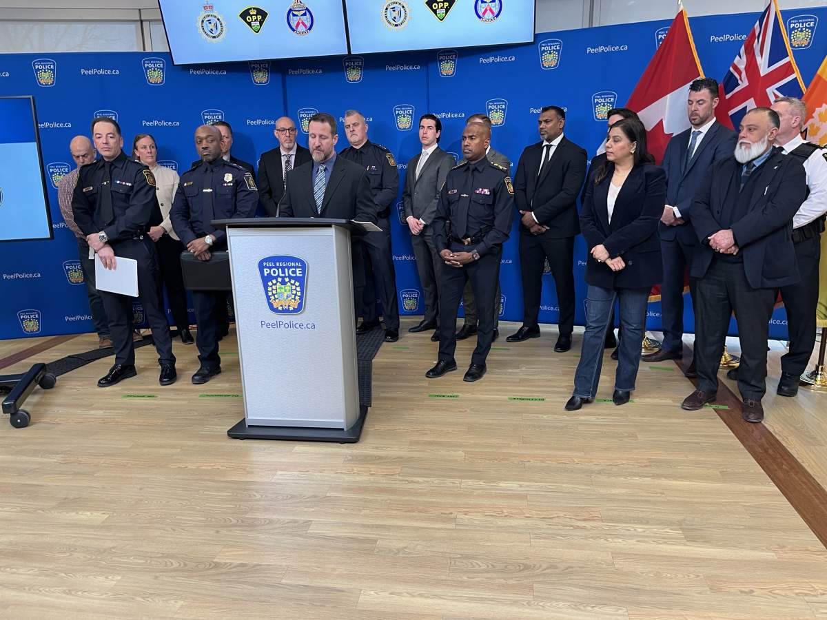 Peel Det. Jeff Chamula speaks during a news conference about Project Stratis, which saw the arrests of six people in relation to armed carjackings.
