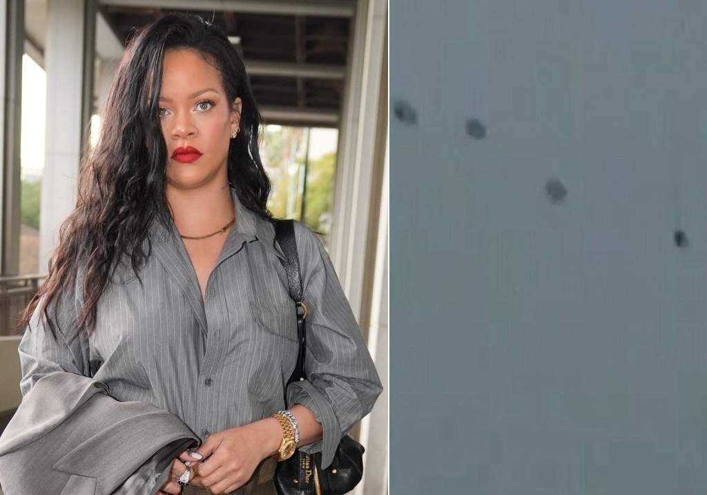 (L-R:) Rihanna arrives at court for the trial of A$AP Rocky, Feb. 18, 2025, in Los Angeles and this image taken from video provided by ABC7 Los Angeles on March 9, 2026 shows what appears to be bullet holes on a wall at singer Rihanna's home in Los Angeles.