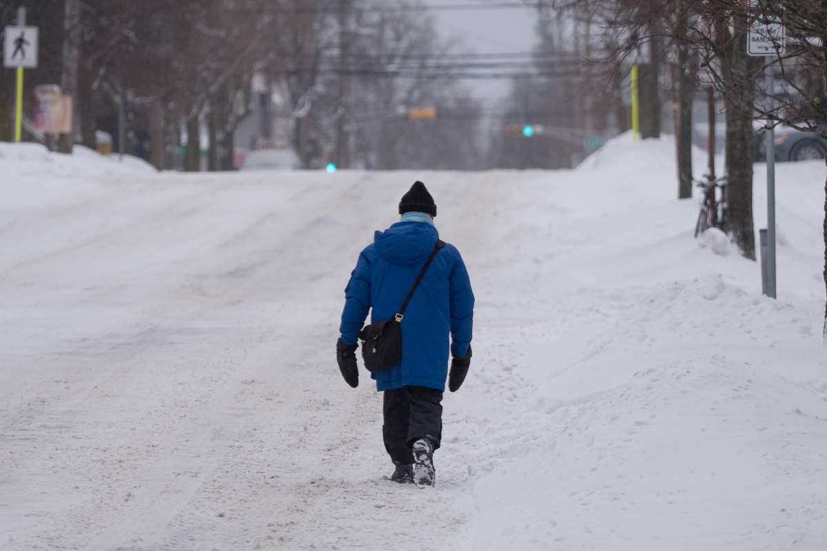 A pedestrian walks down a snow-covered street during a winter storm that closed schools and delayed travel in Halifax on Monday, Jan. 26, 2026. 