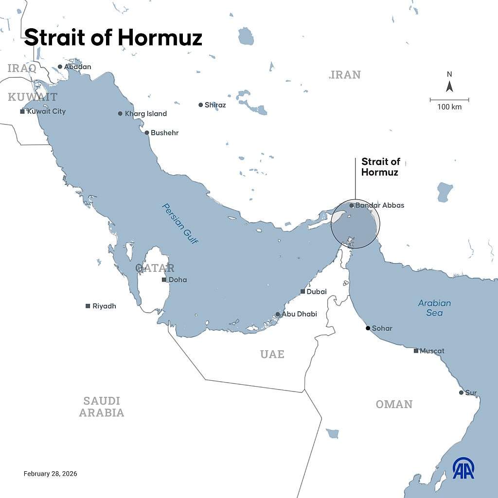 An infographic titled "Strait of Hormuz" created in Ankara, Turkiye on February 28, 2026.