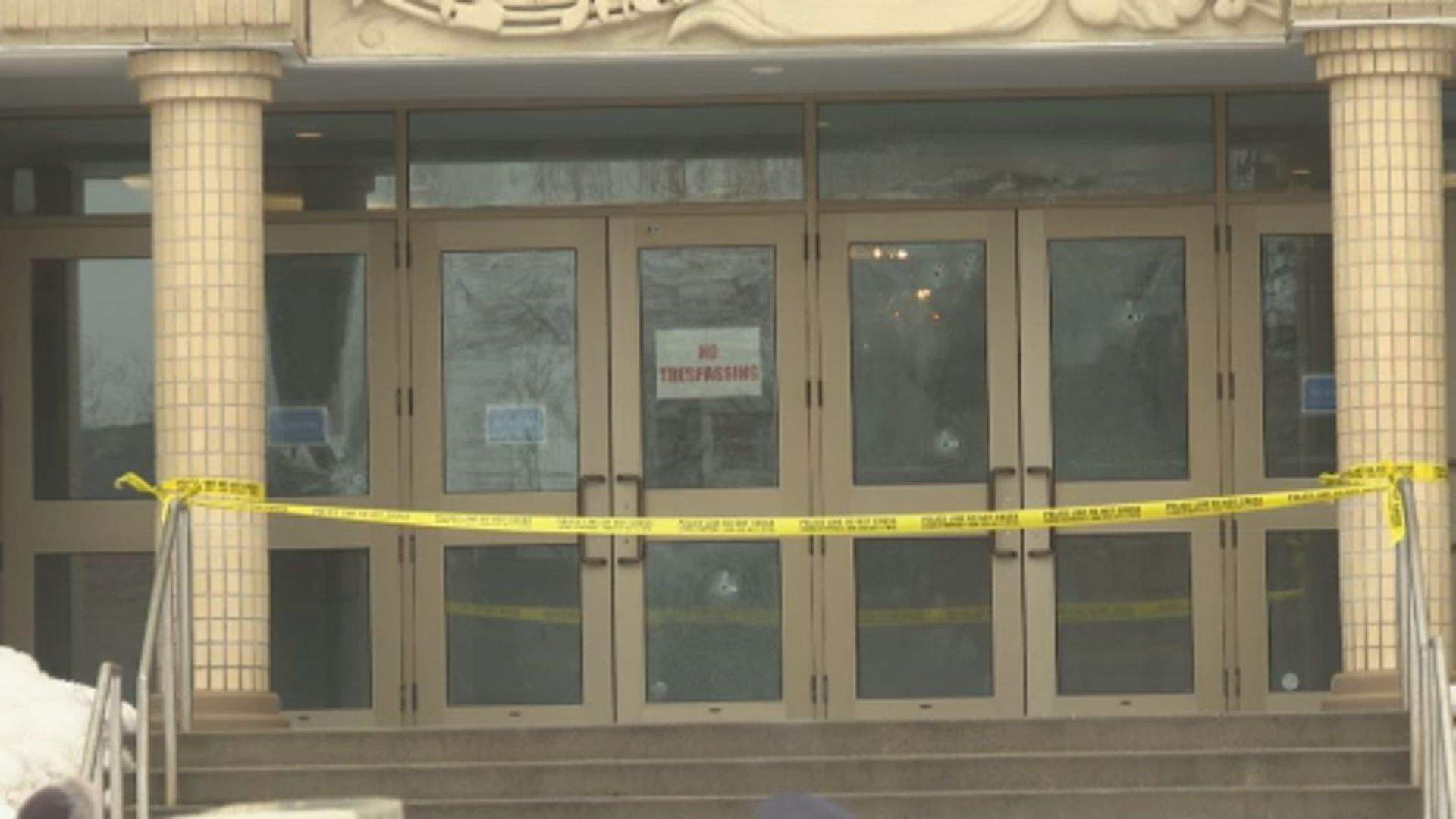 Police tape outside synagogue in Thornhill, Ont. struck by bullets following start of Iran war.