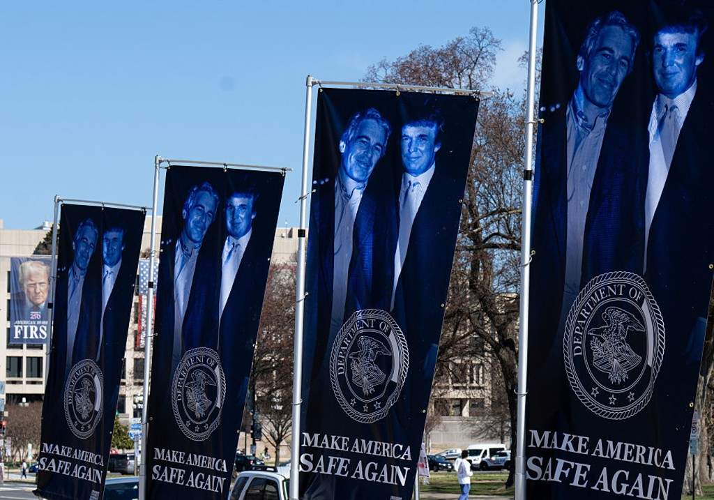The anonymous group Secret Handshake erected a new golden Trump Epstein statue titled "King of the World" along with banners on the National Mall in Washington on Tuesday, March 10, 2026.