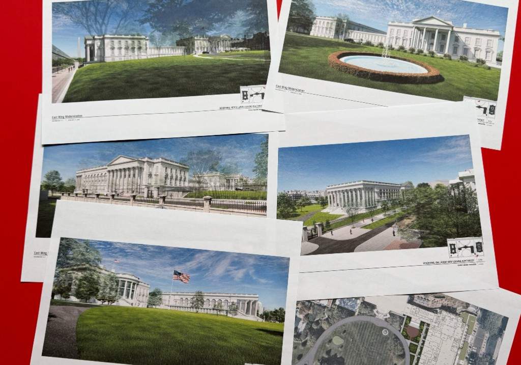 Artist renderings and diagrams of the new White House East Wing and Ballroom, briefly posted on the National Capital Planning Commission's website ahead of a March 5, hearing, are photographed Tuesday, Feb. 17, 2026.