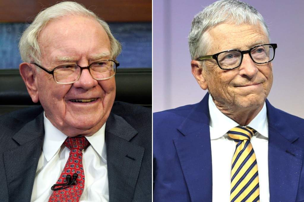 (L-R:) Berkshire Hathaway Chairman and CEO Warren Buffett smiles during an interview in Omaha, Neb., with Liz Claman on Fox Business Network's 'Countdown to the Closing Bell,' May 7, 2018 and Bill Gates in Berlin, Germany on June 24, 2025.