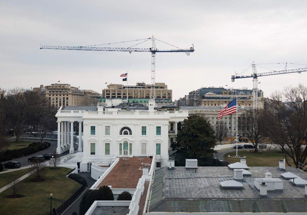The White House, including the West Wing and construction of the new ballroom, is seen from the Old Eisenhower Executive Office Building on the White House campus Wednesday, Feb. 25, 2026, in Washington.