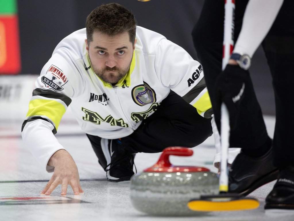 Matt Dunstone, skip of Team Manitoba, releases his stone at the Montana's Brier Canadian men's curling championship, in St. John's, N.L., on March 7, 2026. THE CANADIAN PRESS/Paul Daly.