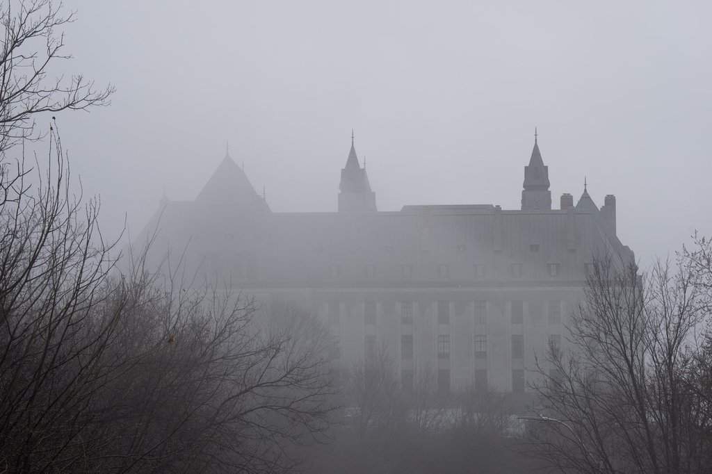 The Supreme Court is seen on a foggy day along the Ottawa River in Ottawa, Thursay, April 16, 2026.