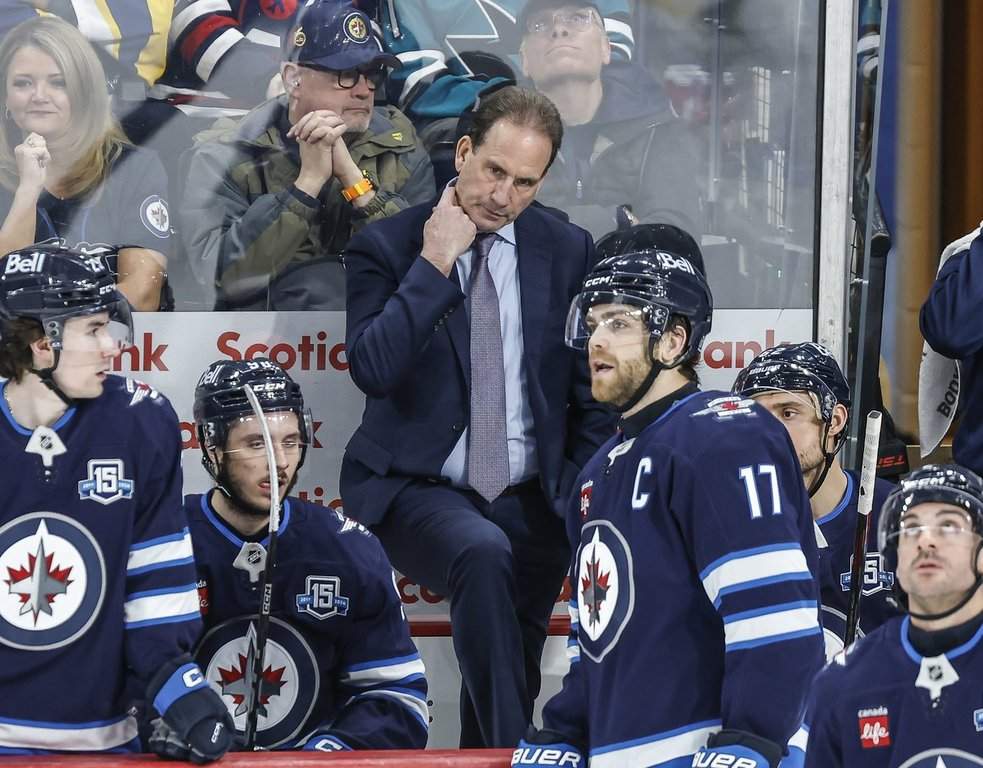 Winnipeg Jets head coach Scott Arniel reacts on the bench against the San Jose Sharks during third period NHL action in Winnipeg, Thursday, April 16, 2026. THE CANADIAN PRESS/John Woods.