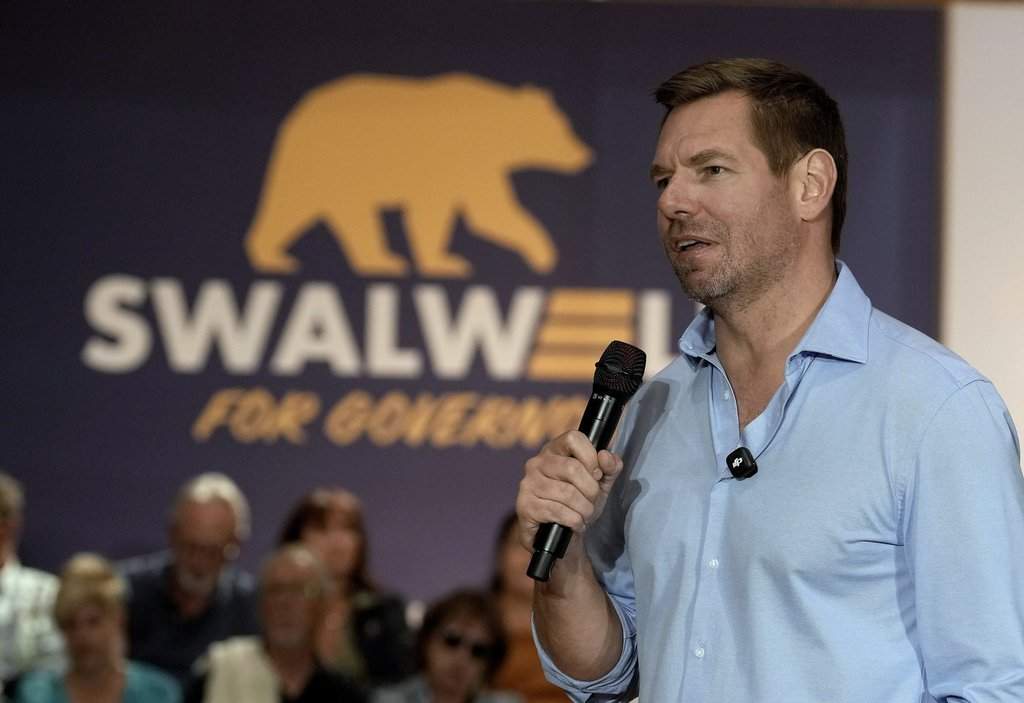 California gubernatorial candidate, Rep. Eric Swalwell, D-CA appears at a town hall meeting in Sacramento, Calif., Tuesday, April 7, 2026. (AP Photo/Rich Pedroncelli).
