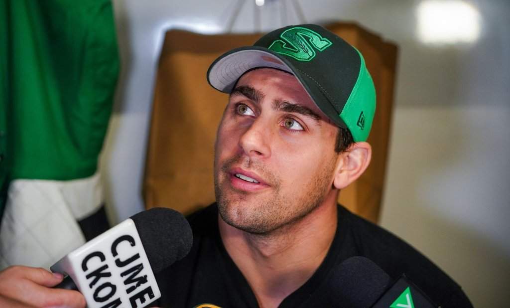 Saskatchewan Roughriders long snapper Jorgen Hus speaks to reporters during an end of season media availability in Regina.