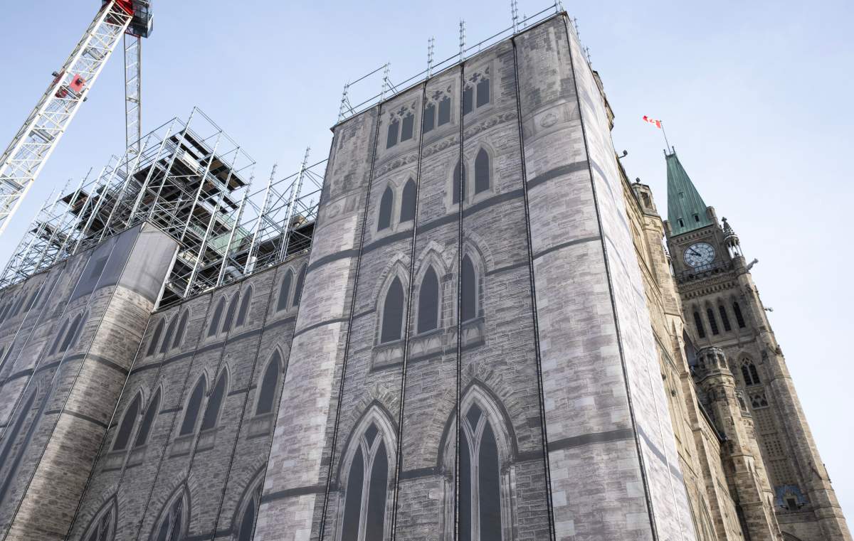 A canopy covers the scaffolding surrounding the west side of Centre block on Parliament Hill as it undergoes renovations, Thursday, Nov. 14, 2024 in Ottawa.