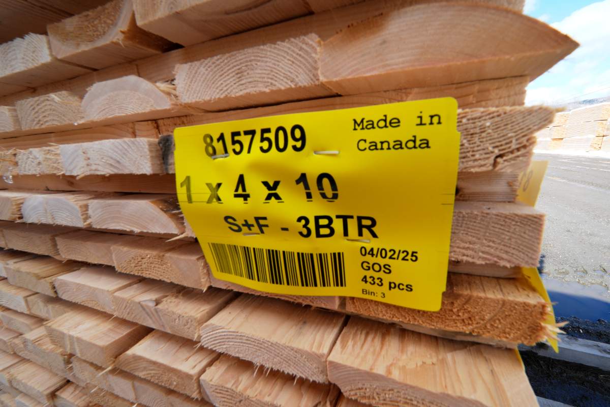 FILE - A stack of lumber awaits shipment to the United States at the Marcel Lauzon sawmill, Wednesday, April 9, 2025, in East Hereford, Quebec, Canada. 