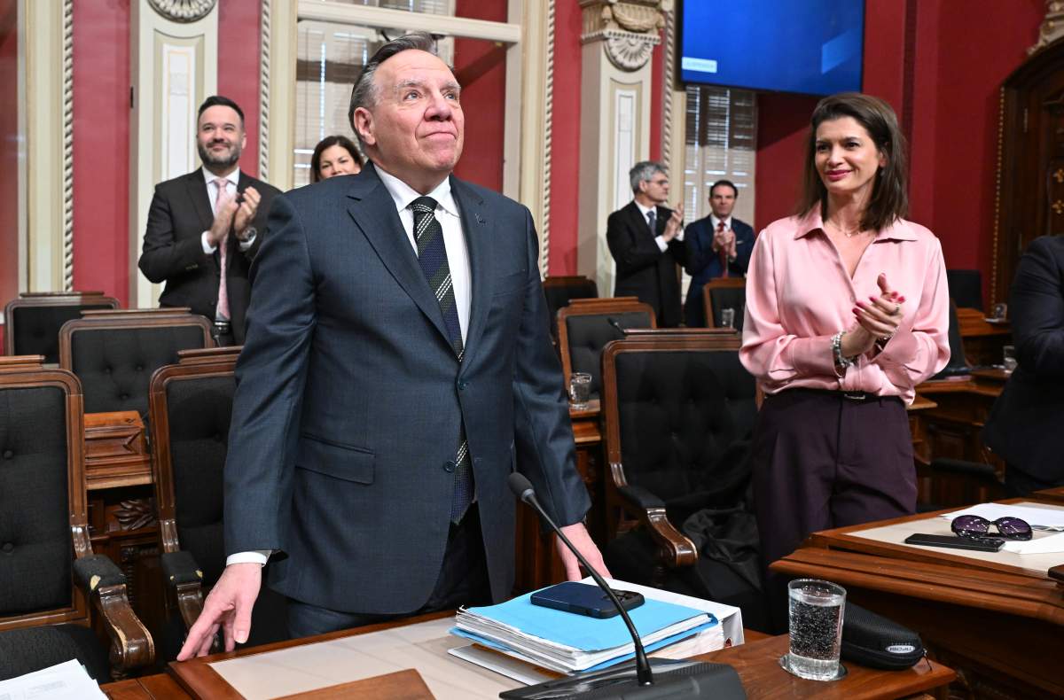 Quebec Premier Francois Legault looks up toward the stands as he attends his last question period as Premier at the legislature in Quebec City, Thursday, April 2, 2026.