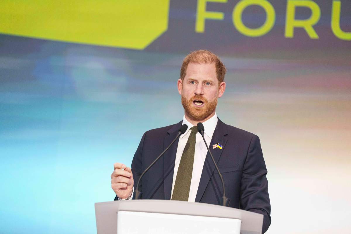 Britain's Prince Harry speaks during the Security Forum in Kyiv, Ukraine, on Thursday, April 23, 2026.