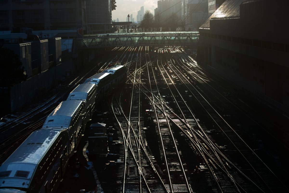 A GO train heading west out of Union Station in Toronto is photographed from a downtown overpass on March 2, 2020.