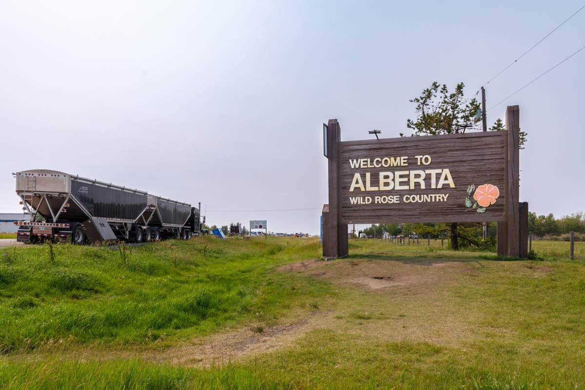 A sign on the Trans-Canada hiighway welcoming drivers from Lloydminster, Sask., into Alberta is seen on Thursday, July 31, 2025. Highway 16 is also called the Yellowhead highway.