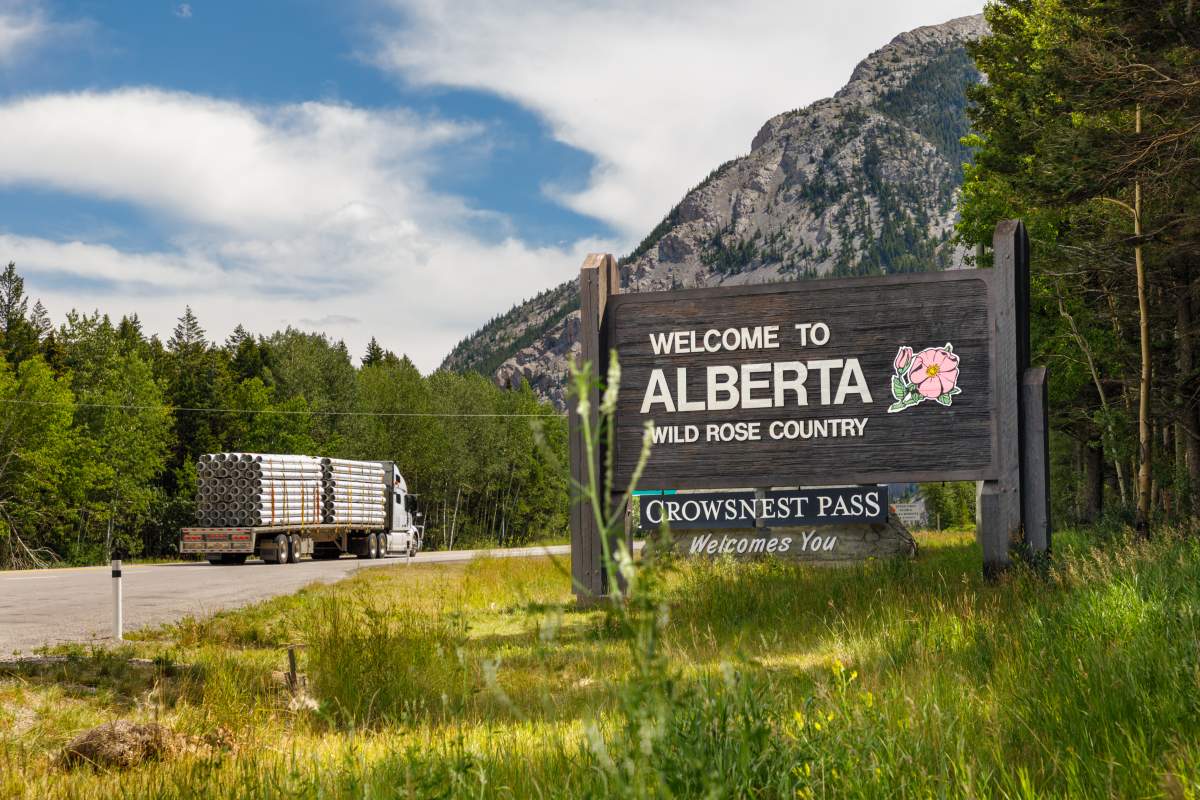 A sign on the Crowsnest Highway welcomes travellers from British Columbia to Alberta on Thursday, Aug. 7, 2025.