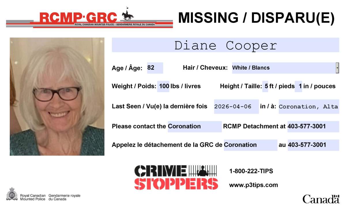 Diane Cooper has been missing from Alberta since Apr. 6, the RCMP have responded to numerous tips but have not been able to locate the 82-year-old. Photo from Consort RCMP.