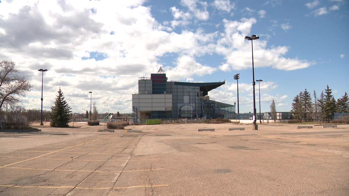 The shuttered horse racing track facility on the former Northlands exhibition lands in central Edmonton on Tuesday, April 21, 2026.