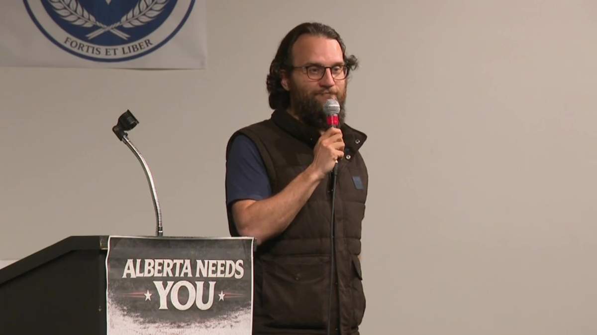 Political activist David Parker, of Take Back Alberta and The Centurion Project, speaking to supporters in Edmonton, Alta. on Wednesday, April 29, 2026.