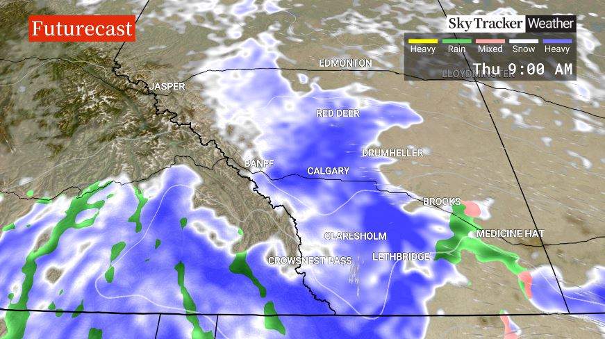 A map showing where the heaviest snowfall, indicated by the dark purple, is expected to be during the height of the storm on Thursday morning.