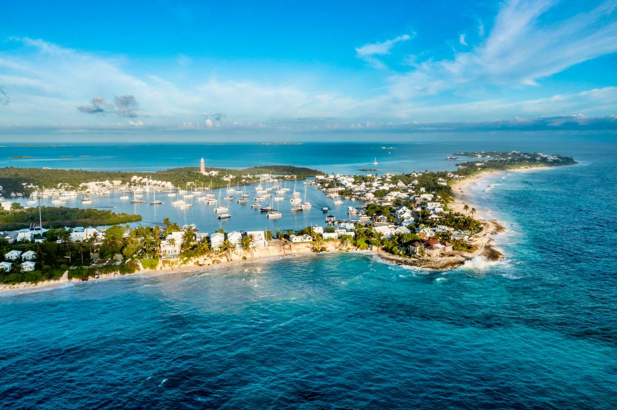 Aerial view of Hope Town, Great Abaco Island, Bahamas.
