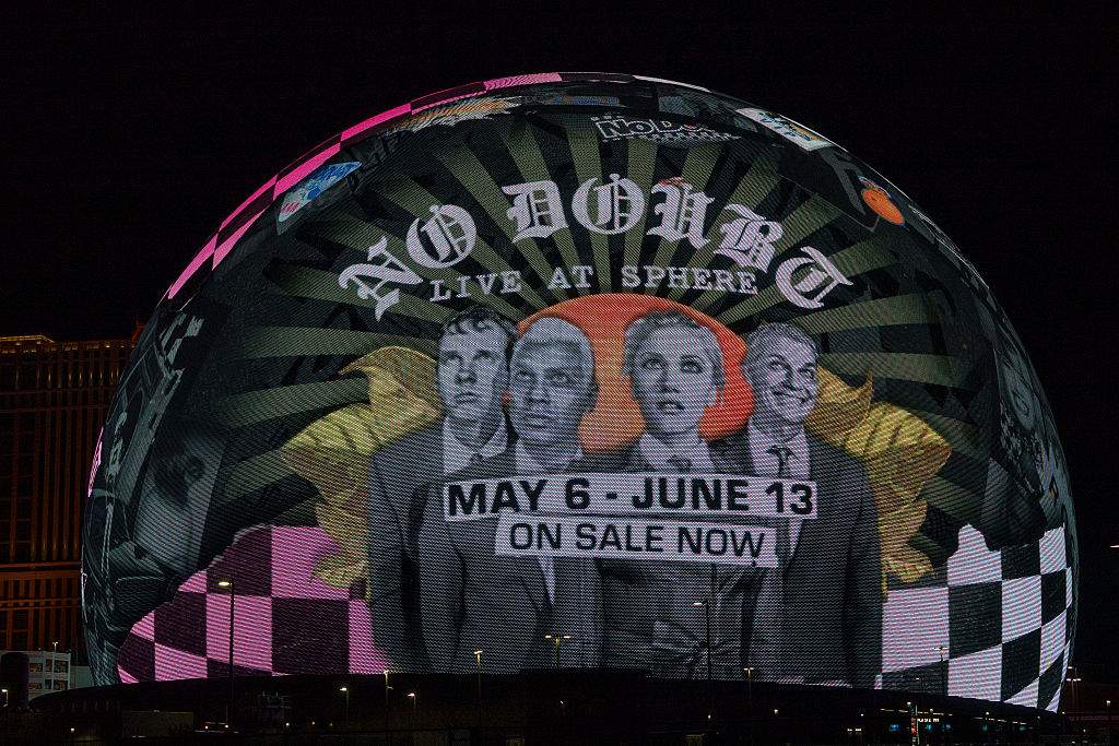 An advertisement for the No Doubt Live at Sphere residency is displayed on the Sphere on March 11, 2026 in Las Vegas, Nevada