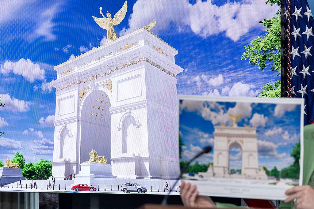 An artist's rendering of US President Donald Trump's planned Triumphal Arch during a news conference in the James S. Brady Press Briefing Room of the White House in Washington, DC, US, on Wednesday, April 15, 2026.