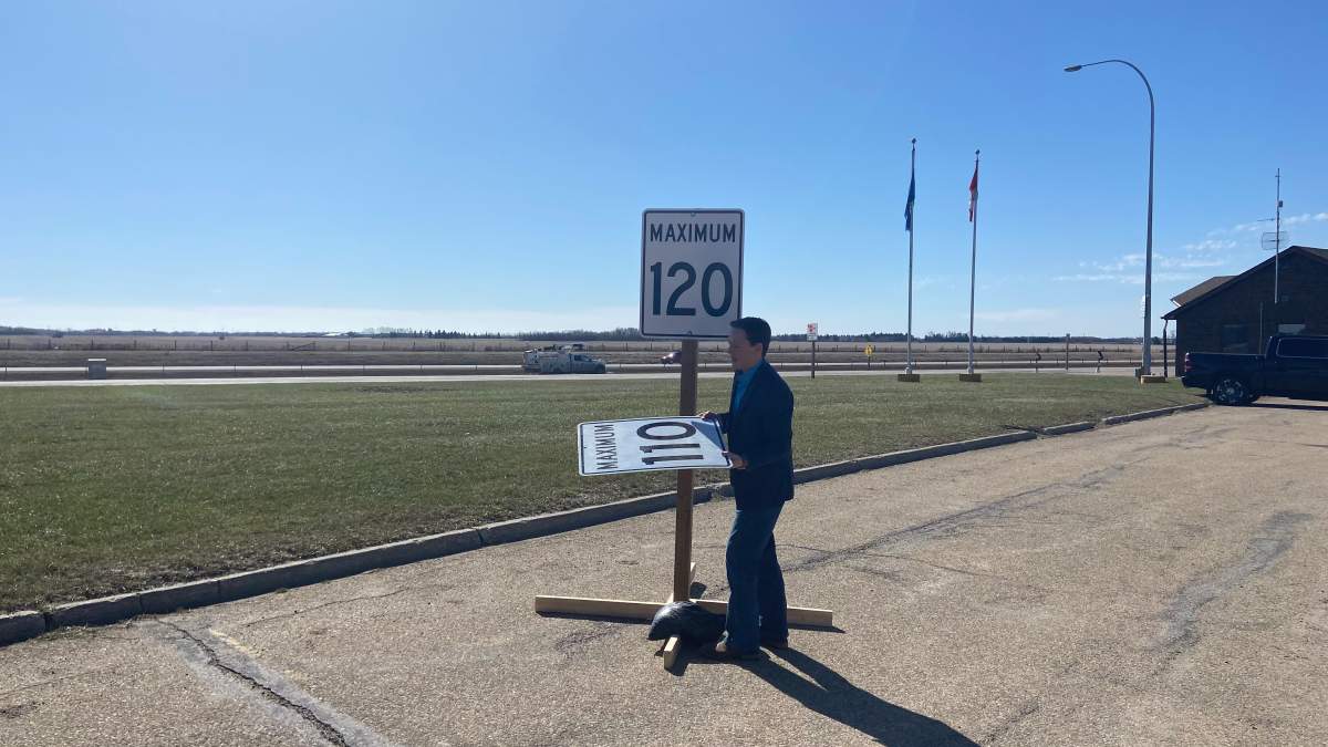 Alberta Transportation Minister Devin Dreeshen unveiling new 120 km/h speed limit signs along a stretch of Highway 2/QEII, south of Leduc, on Wednesday, April 29, 2026.