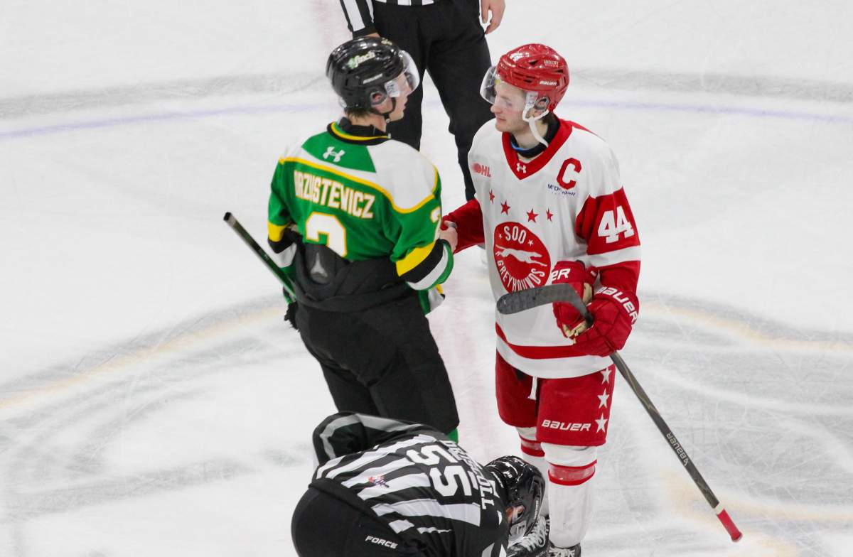 London Knights defenceman Henry Brzustewicz shakes the hand of Soo Greyhounds forward Brady Martin at the conclusion of the 2026 first round series between the teams on April 3, 2026.