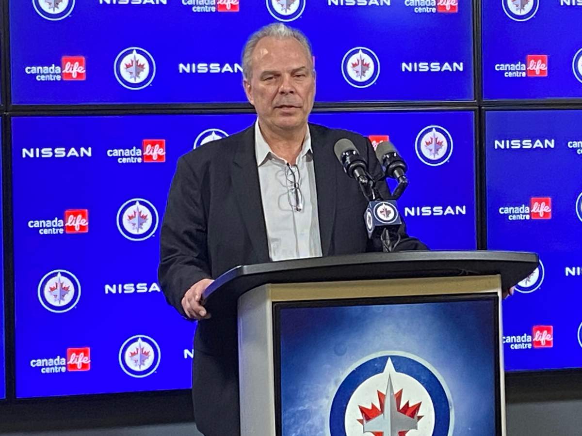 Jets GM Kevin Cheveldayoff speaks to media on April 20, 2026.