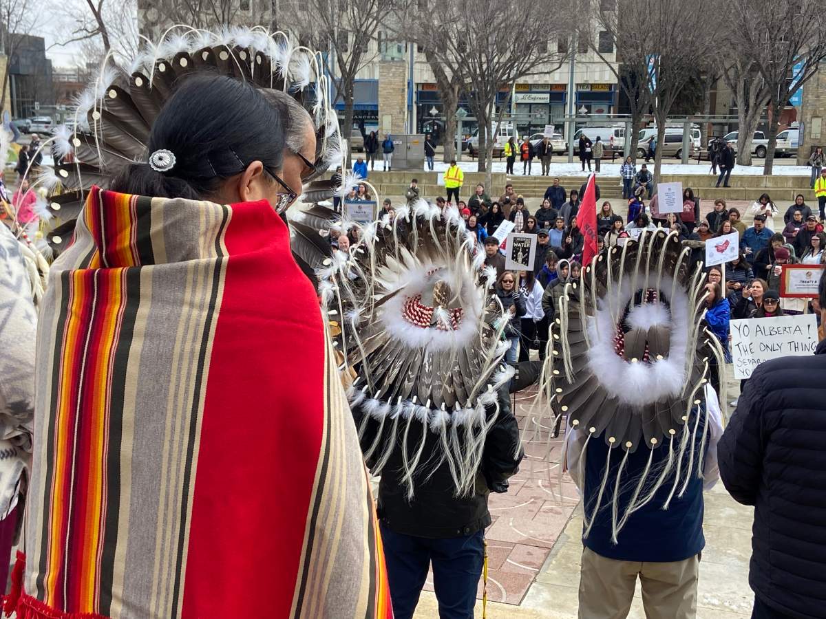 Several Alberta First Nation members gathered in Edmonton to protest against the Alberta separatism referendum petition on Wednesday, April 8, 2026.