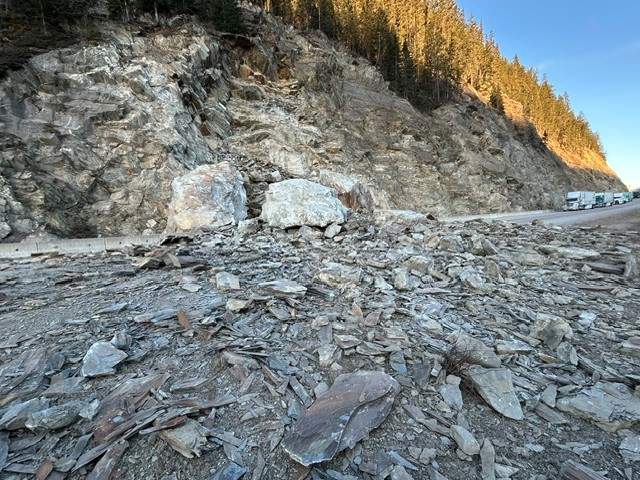 A rockslide blocked Highway 16 in Jasper National Park on April 25, 2026.