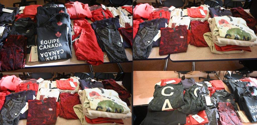 Stolen Lululemon Team Canada clothing recovered from a home in St. Albert, Alta. during an RCMP retail crime blitz in March 2026.