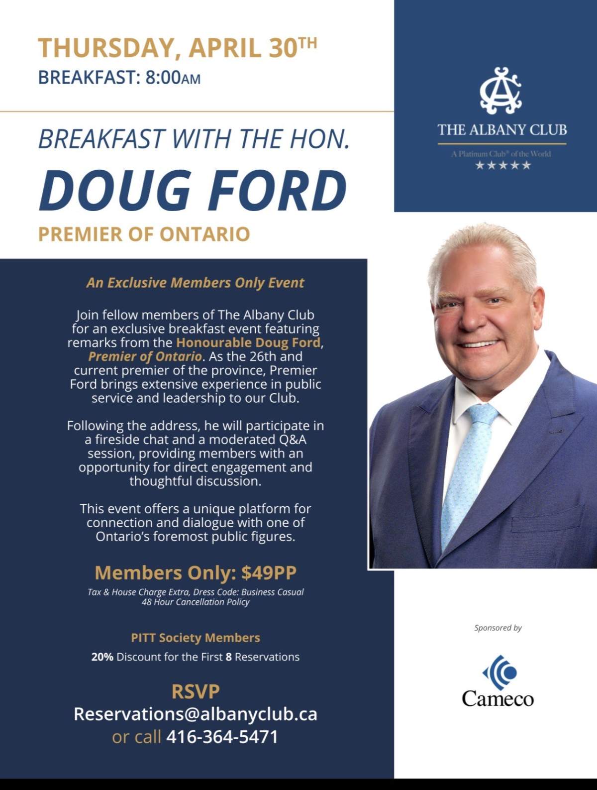 A copy of the invitation sent to Albany Club members for an ‘exclusive’ breakfast with Premier Doug Ford.