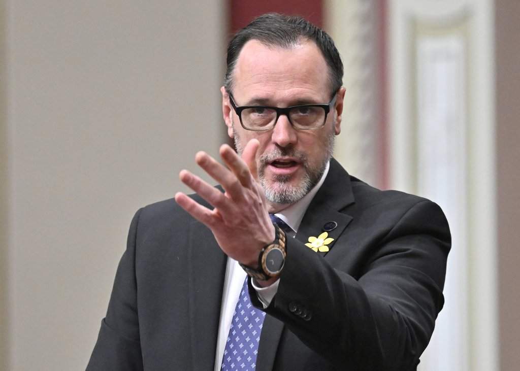 Jean-François Roberge, Quebec’s Minister of Immigration, Francisation and Integration, responds to the opposition during question period at the national assembly of Quebec, Wednesday, April 1, 2026. 